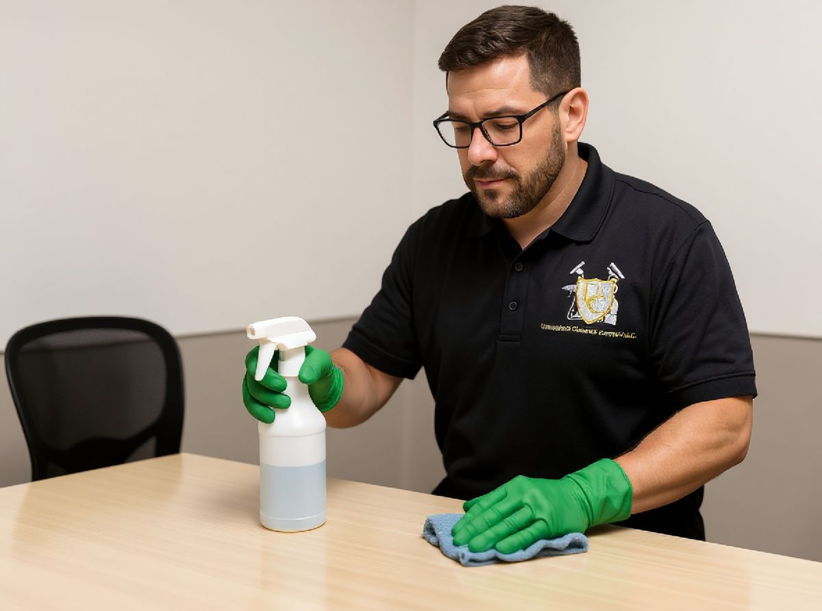 Cleaner wiping a desk