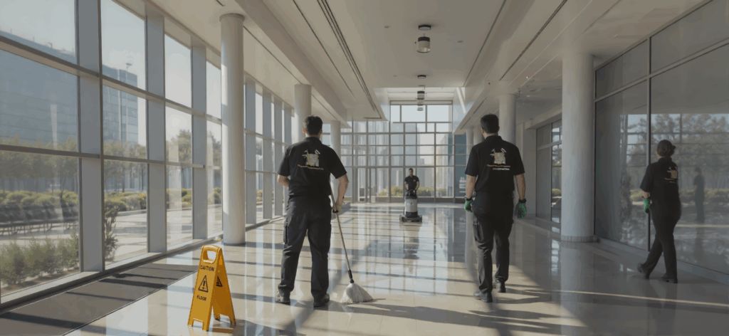 Team cleaning an office hallway