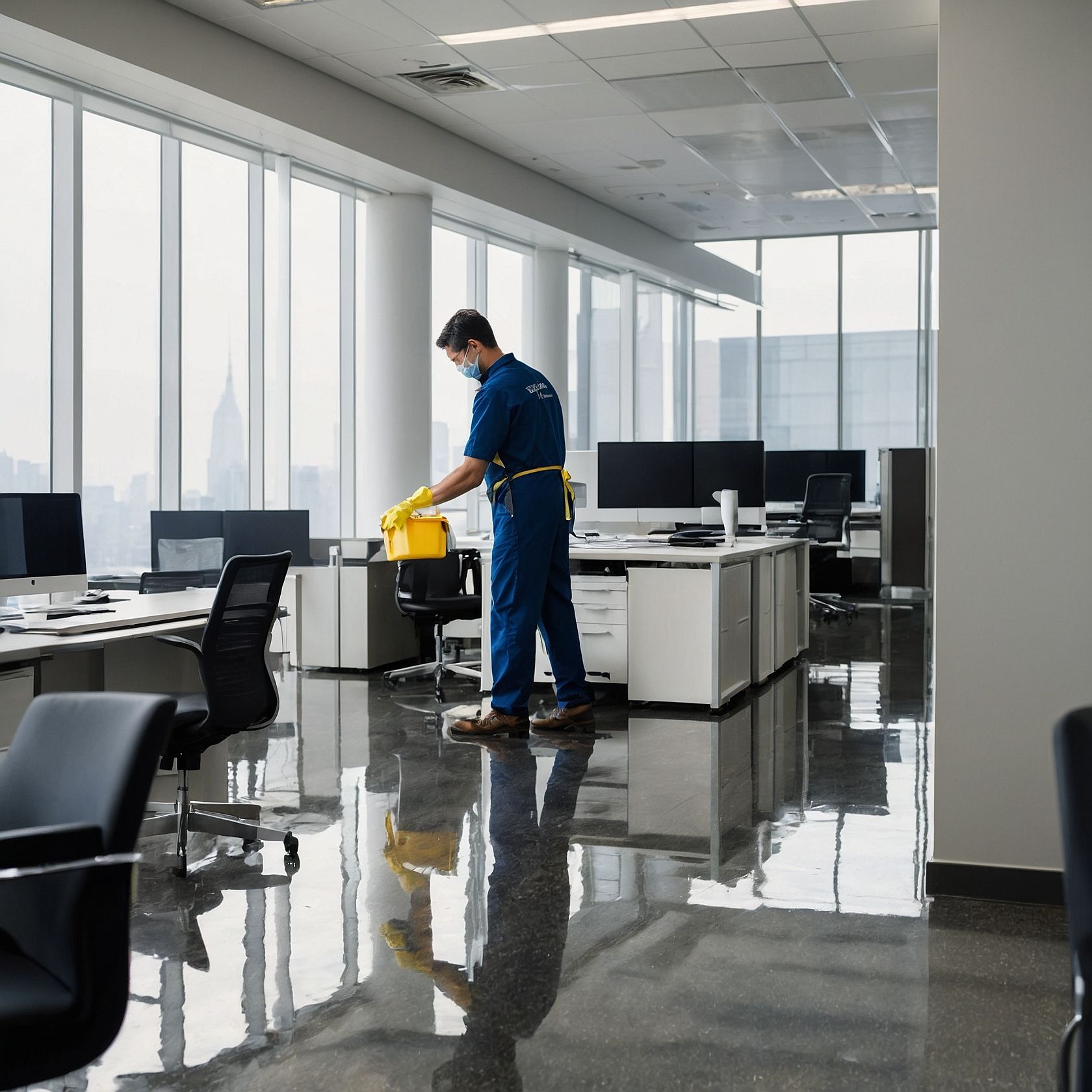 Team cleaning a modern office